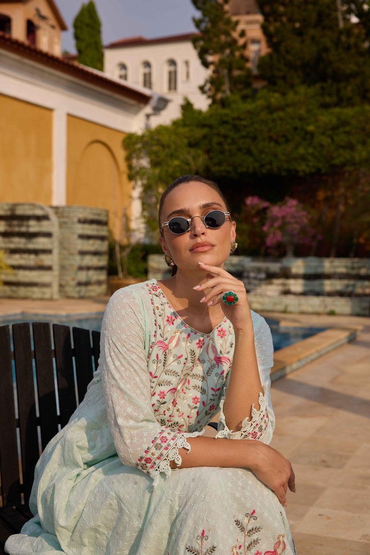 Neerus Mint Embroidered Anarkali Kurta and Trousers With Dupatta