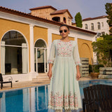 Neerus Mint Embroidered Anarkali Kurta and Trousers With Dupatta