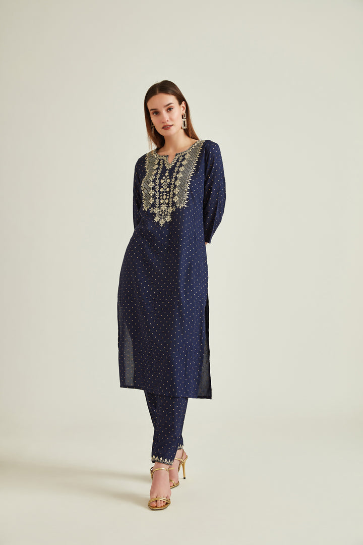 Neerus Women Navy Blue Embroidered Kurta with Trousers With Dupatta