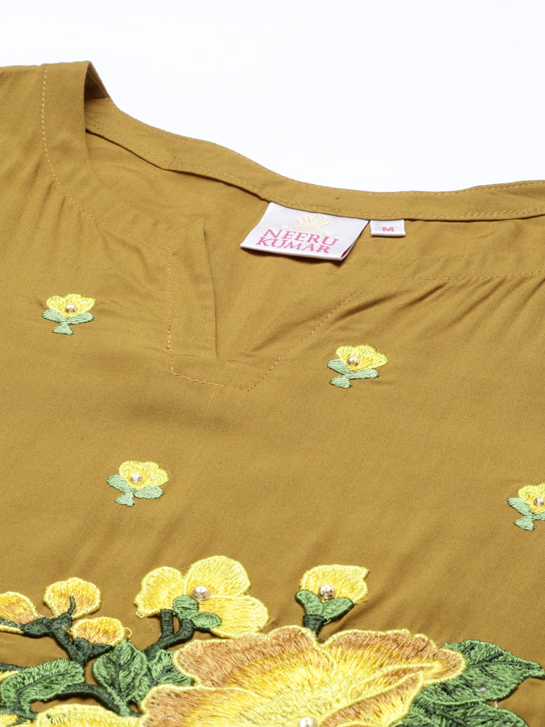 Neerus Yellow floral embroidered kurta set with palazzo - detail view 1