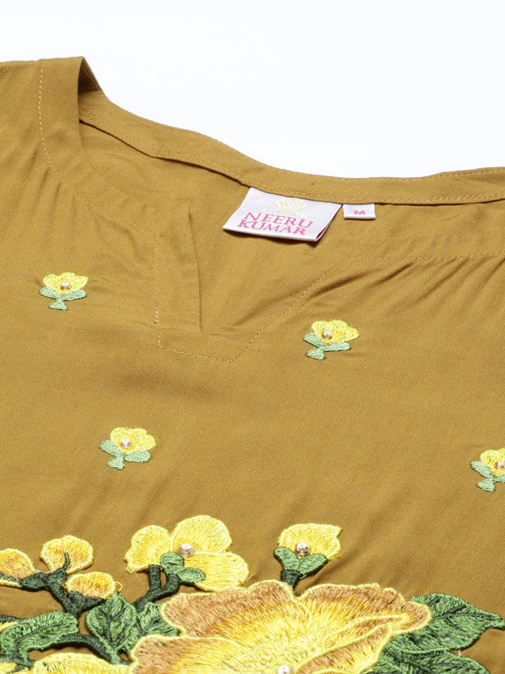 Neerus Yellow floral embroidered kurta set with palazzo - detail view 1