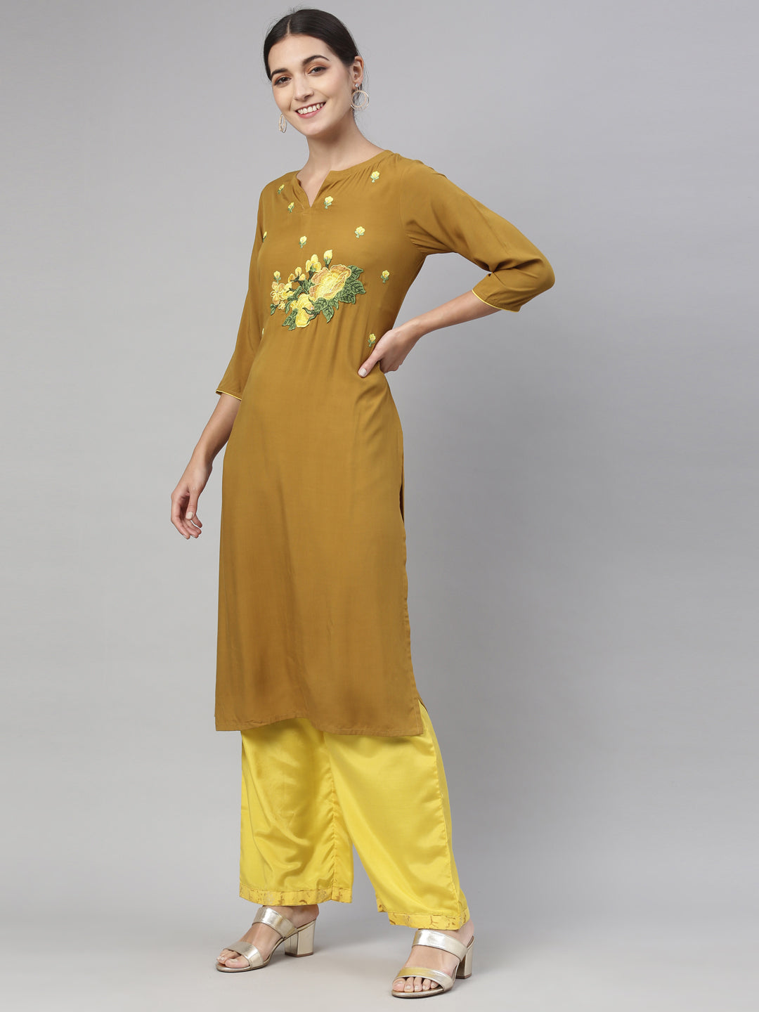 Neerus Yellow floral embroidered kurta set with palazzo - back view