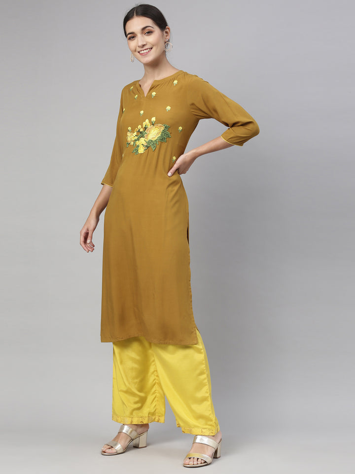 Neerus Yellow floral embroidered kurta set with palazzo - back view
