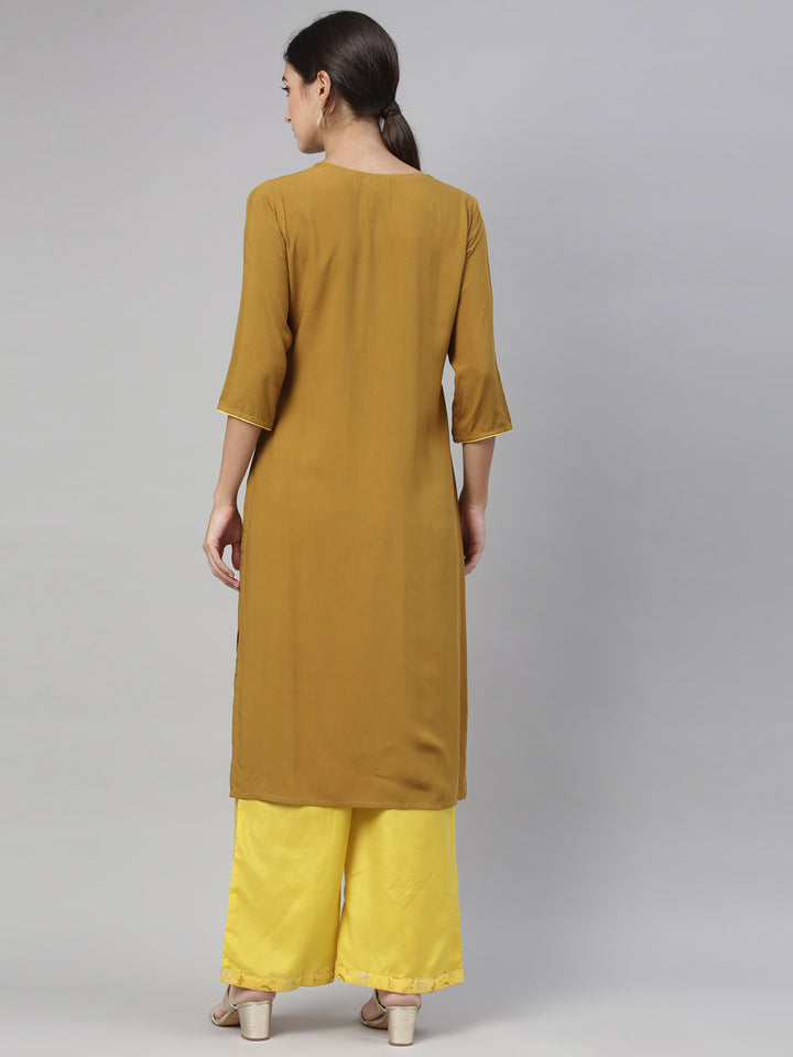 Neerus Yellow floral embroidered kurta set with palazzo - side view