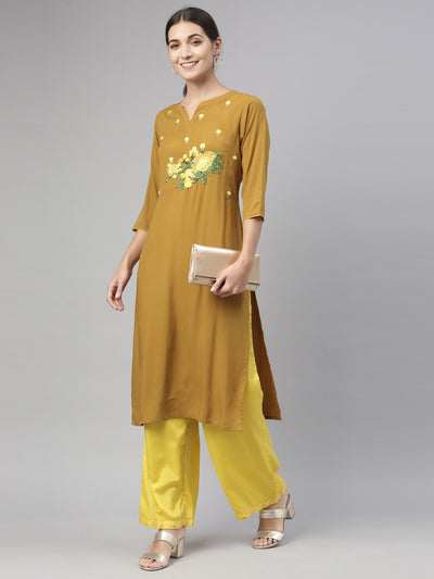 Neerus Women Khaki  Yellow Floral Yoke Embroidered Regular Kurta with Palazzos