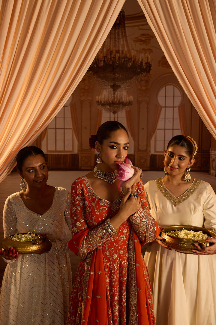 Neerus Rust Embroidery Work Georgette Fabric Anarkali and Trouser With Dupatta