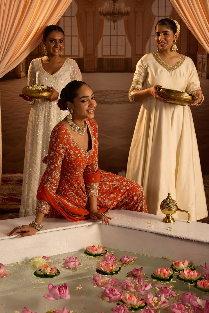 Neerus Rust Embroidery Work Georgette Fabric Anarkali and Trouser With Dupatta