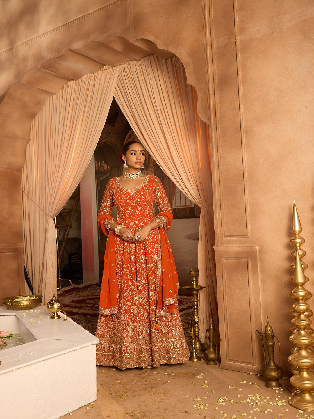 Neerus Rust Embroidery Work Georgette Fabric Anarkali and Trouser With Dupatta