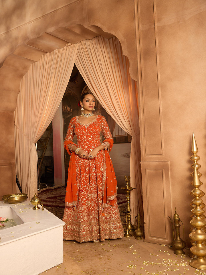 Neerus Rust Embroidery Work Georgette Fabric Anarkali and Trouser With Dupatta