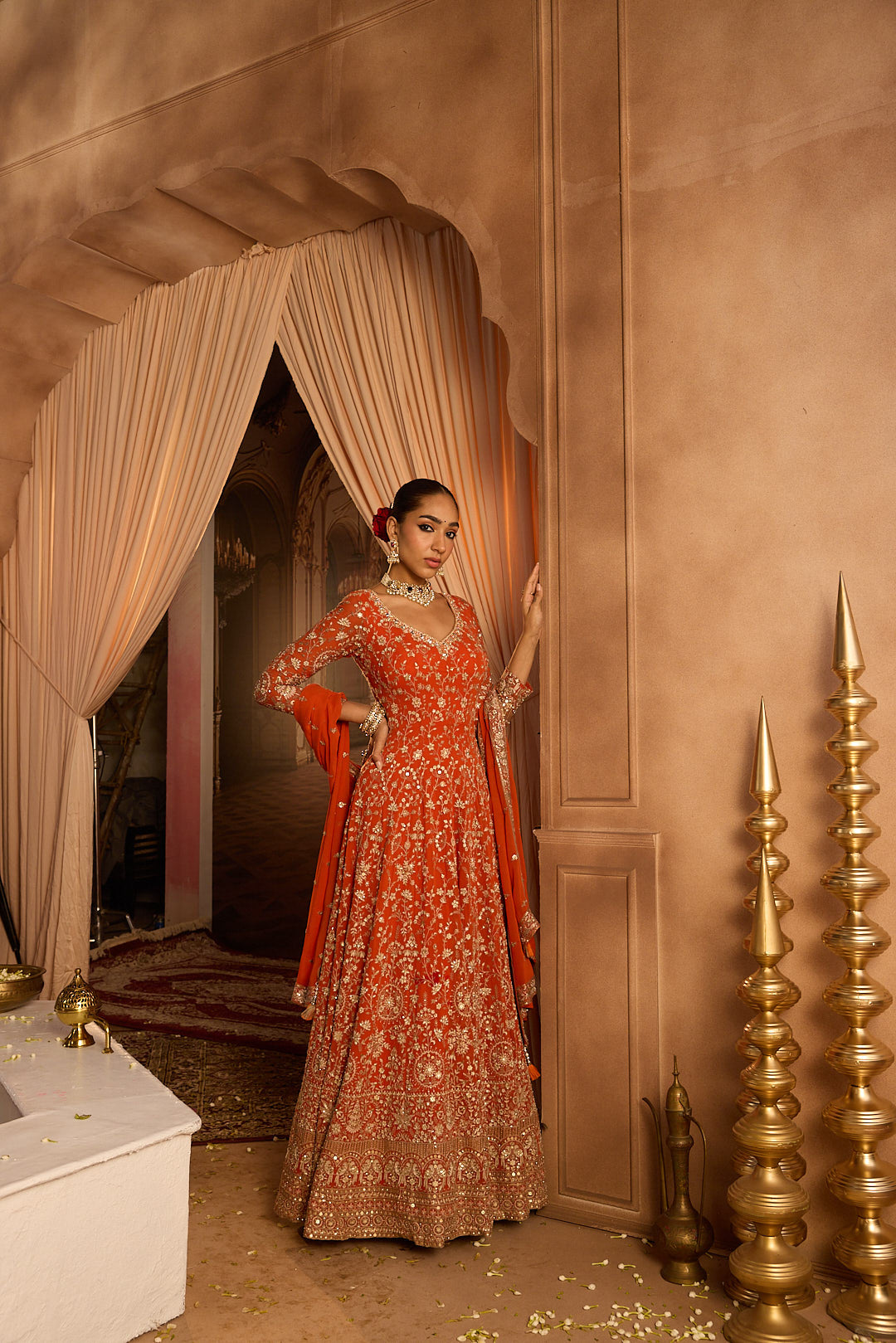 Neerus Rust Embroidery Work Georgette Fabric Anarkali and Trouser With Dupatta