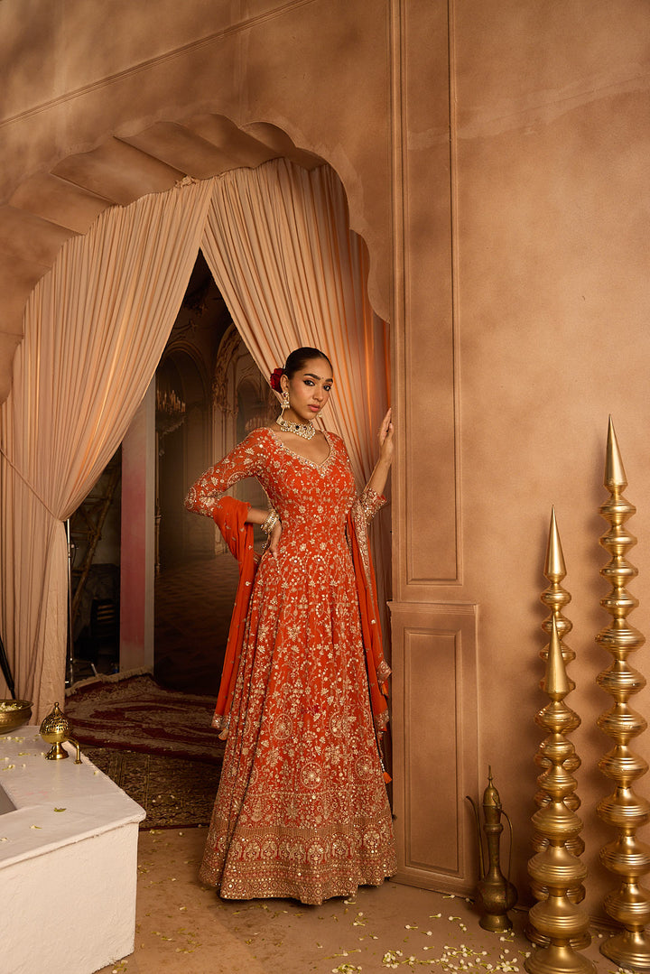 Neerus Rust Embroidery Work Georgette Fabric Anarkali and Trouser With Dupatta