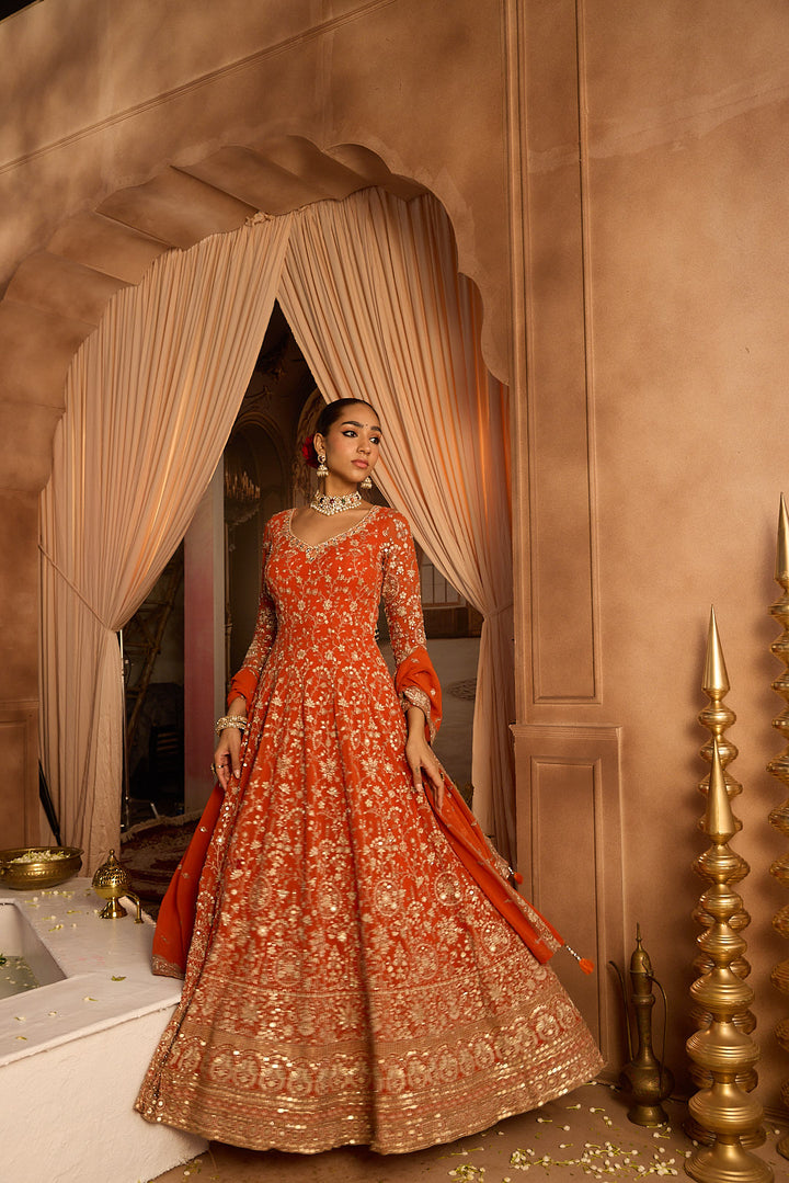 Neerus Rust Embroidery Work Georgette Fabric Anarkali and Trouser With Dupatta