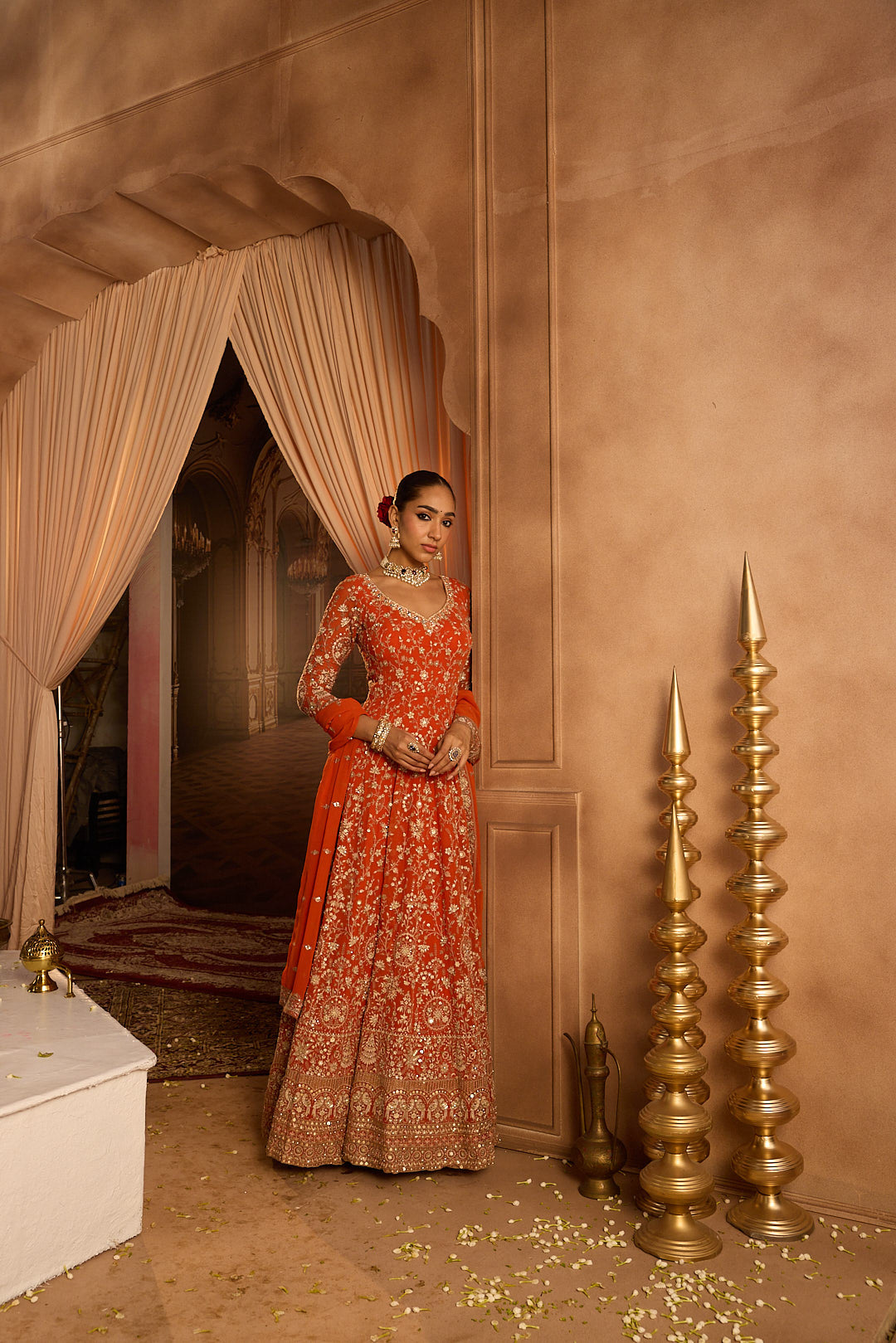 Neerus Orange Ethnic Embroidered Georgette Anarkali Suit Set - Kurta + Trouser + Dupatta for Festive Women Neerus India Neerus Orange Ethnic Embroidered Georgette Anarkali Suit Set - Kurta + Trouser + Dupatta for Festive Women Neerus India