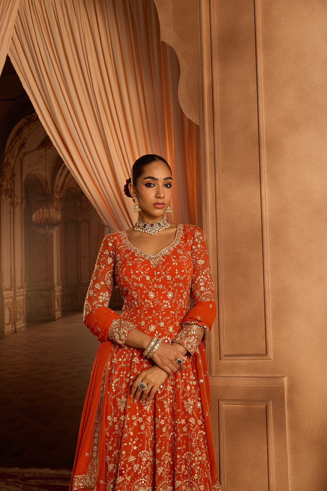 Neerus Rust Embroidery Work Georgette Fabric Anarkali and Trouser With Dupatta