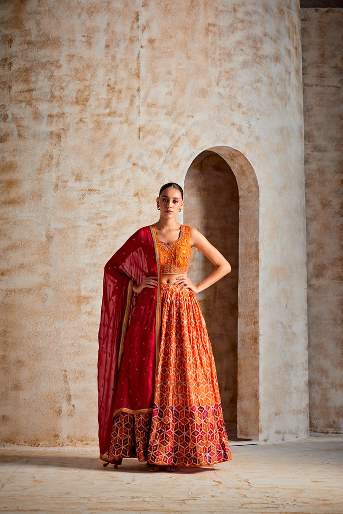 NEERU'S RUST COLOR CHINON FABRIC GHAGRA SET