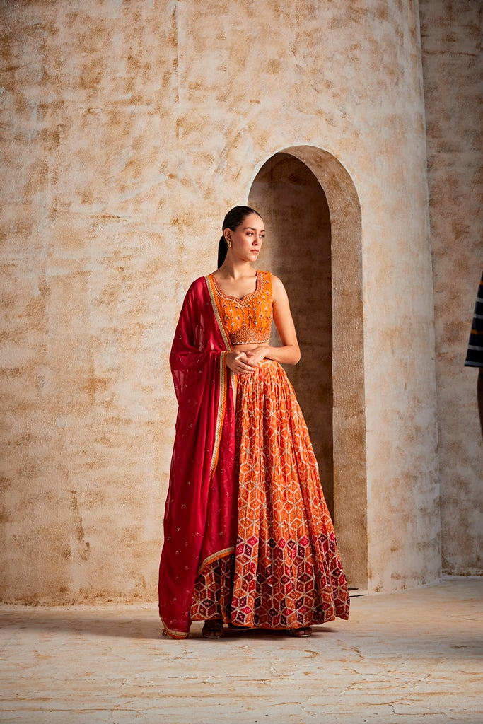 Neerus Rust Color Chinon Fabric Ghagra Set