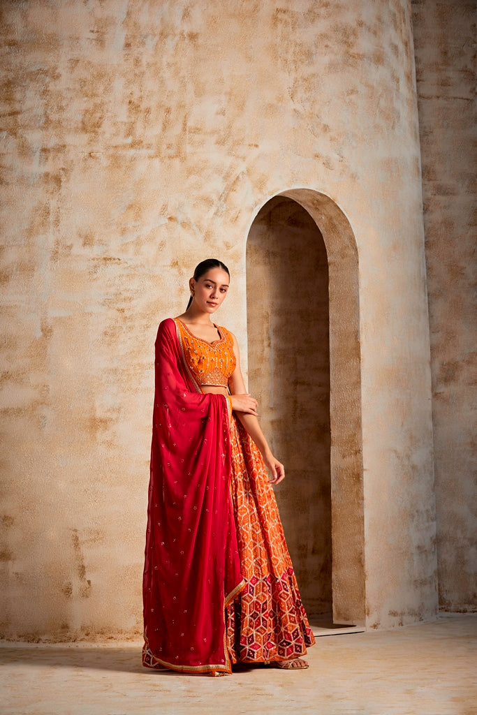 Neerus Rust Color Chinon Fabric Ghagra Set