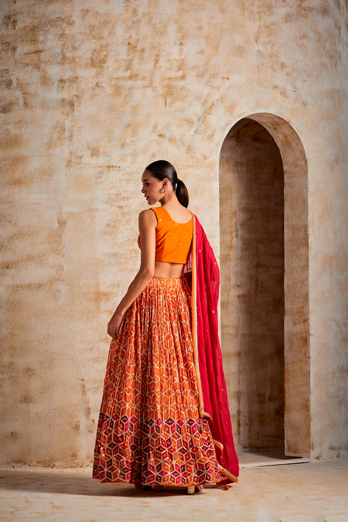 NEERU'S RUST COLOR CHINON FABRIC GHAGRA SET