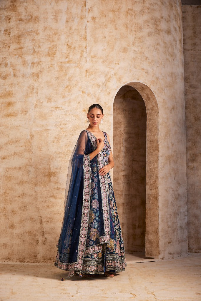 Neerus Blue Color Silk Fabric Embroidered Gown