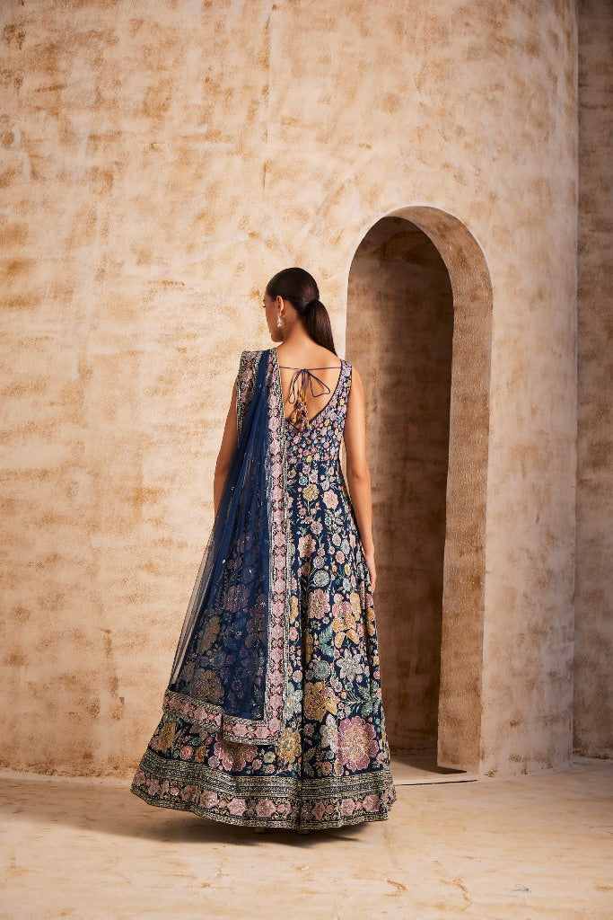 Neerus Blue Color Silk Fabric Embroidered Gown