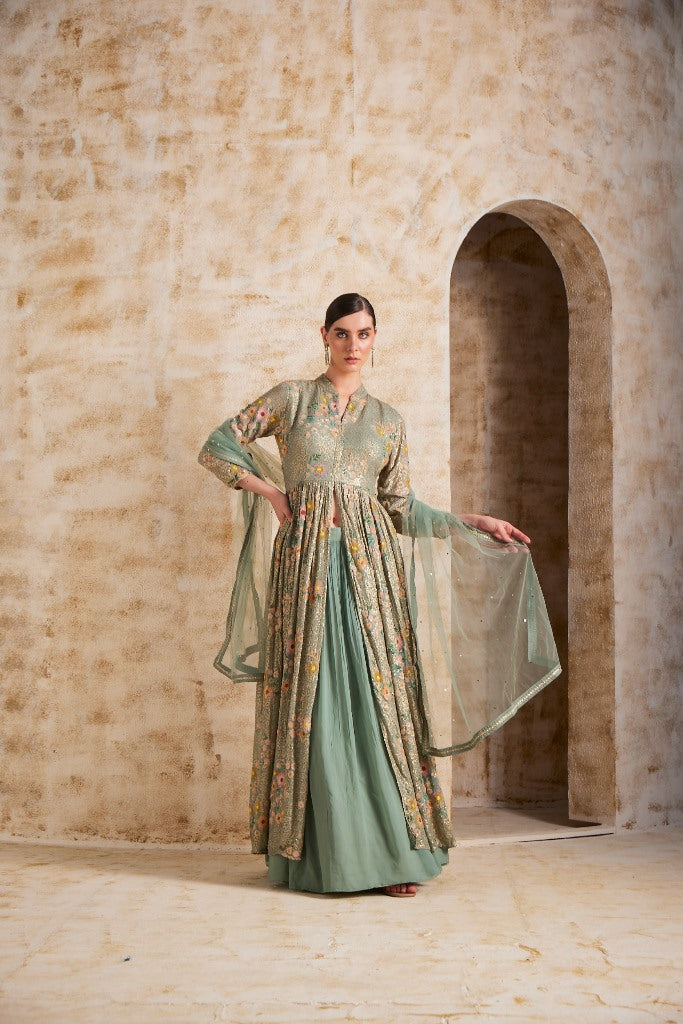 Neerus Green Georgette Straight Suit Set - back view