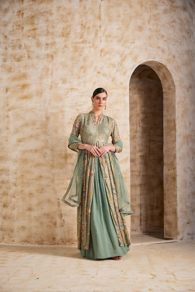 Neerus Green Georgette Straight Suit Set - front view