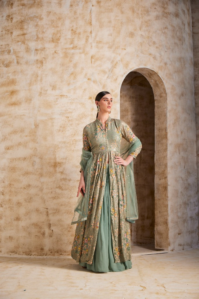 Neerus Green Georgette Straight Suit Set - side view