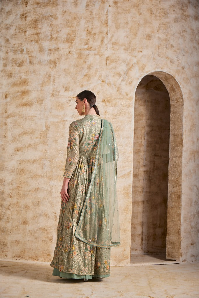 Neerus Green Georgette Straight Suit Set - detail view 1