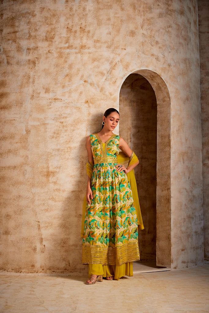 Neerus Green Floral Printed Crepe Straight Suit Set