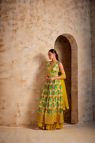 NEERU'S GREEN COLOR CREPE FABRIC FLORAL SUIT PALAZZO SET