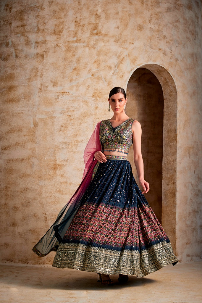 Neerus Women Peacock Color Embroidered Ghagra Set