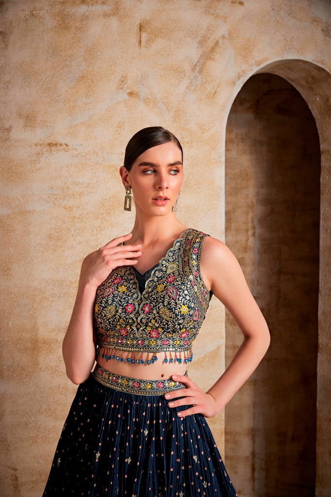 Neerus Women Peacock Color Embroidered Ghagra Set