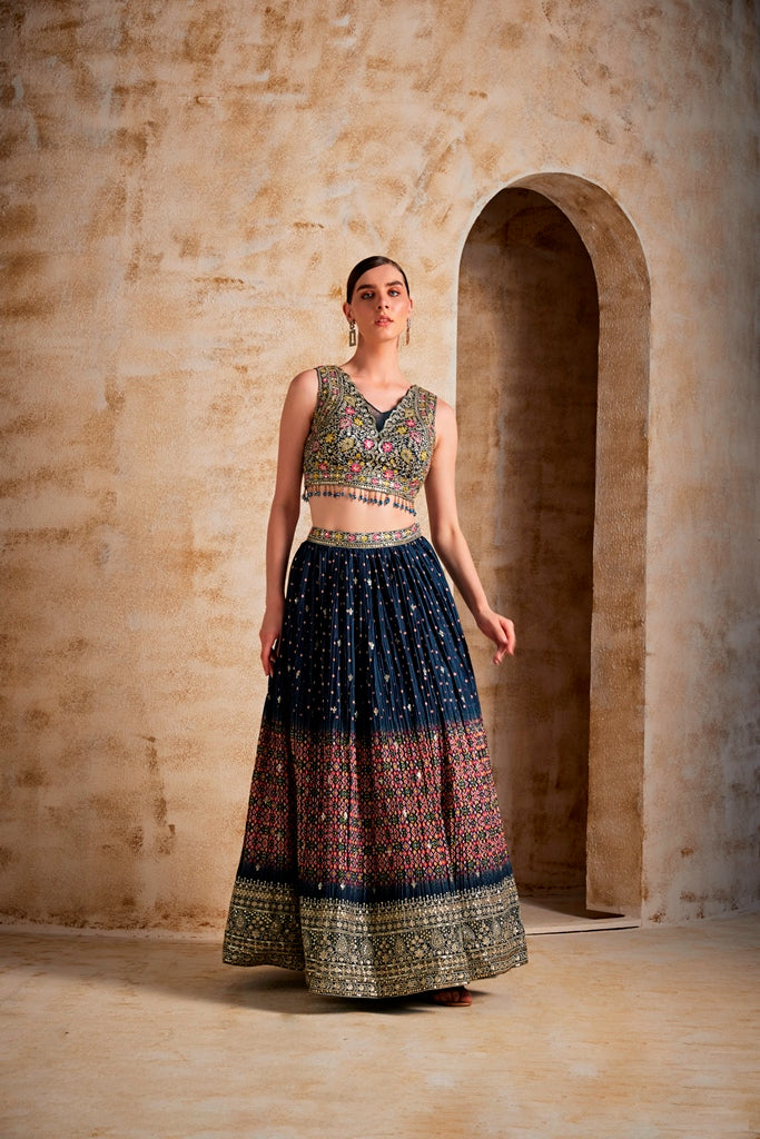 Neerus Women Peacock Color Embroidered Ghagra Set