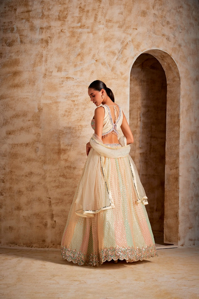 Neerus Cream Color Nett Fabric Ghagra Set