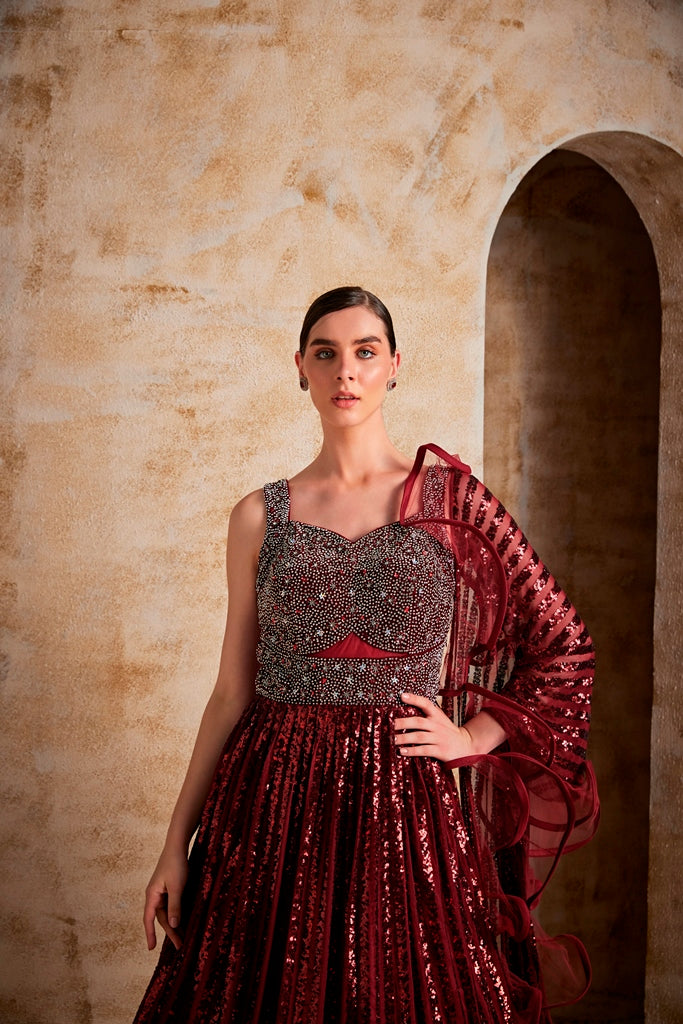 Neerus Women Maroon Color Nett Fabric Gown