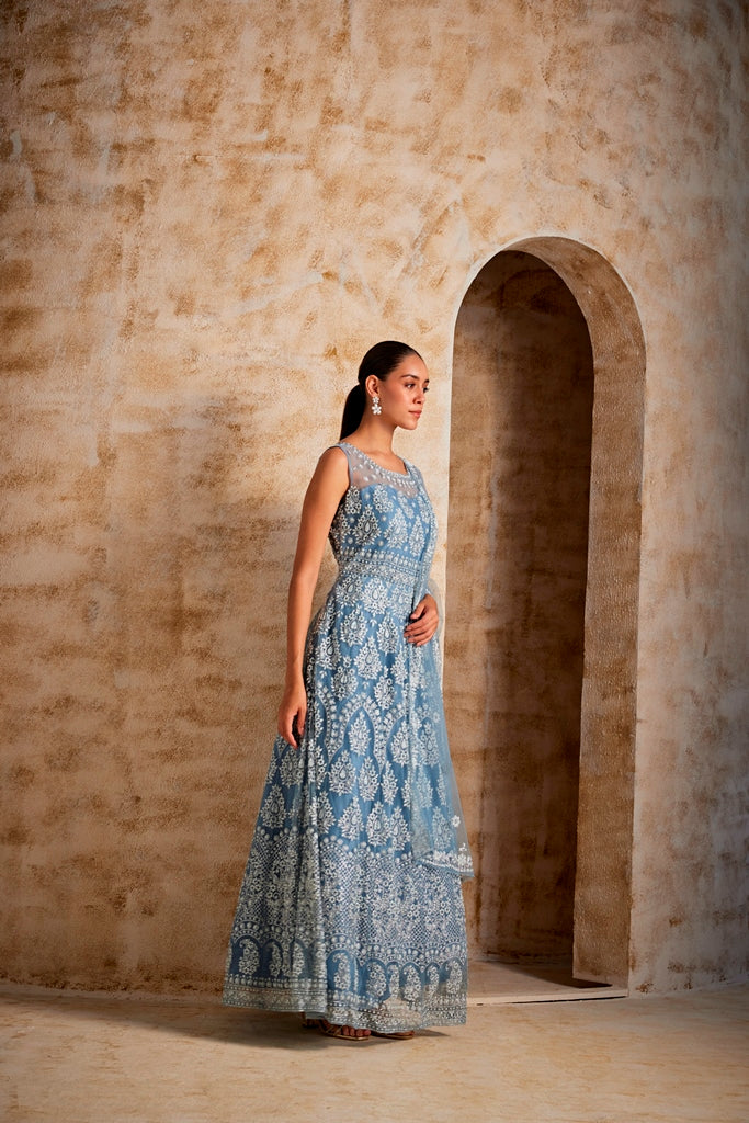 Neerus Women Sky Blue Color Embroidered Gown