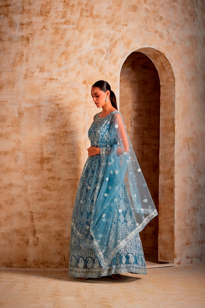 Neerus Blue Floral Embroidered Georgette Flared Gown for Party Women Neerus India Neerus Blue Floral Embroidered Georgette Flared Gown for Party Women Neerus India