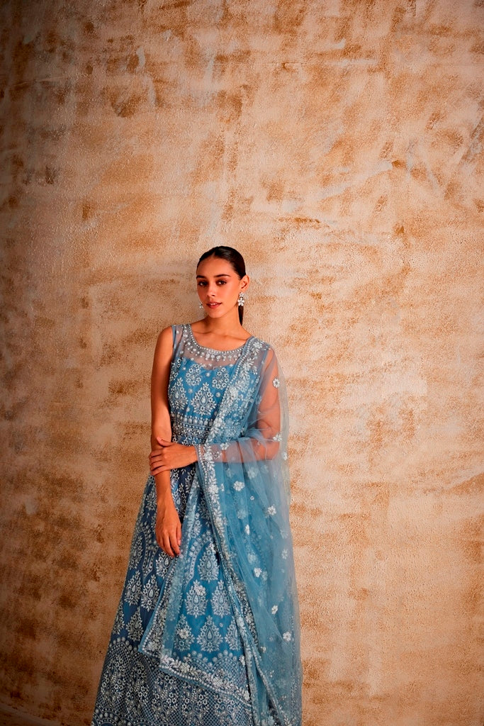open lace back dress Neerus Blue Floral Embroidered Georgette Flared Gown for Party Women –  Neerus India
