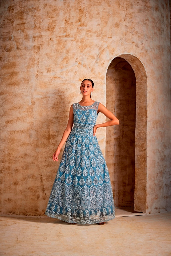 Neerus Women Sky Blue Color Embroidered Gown