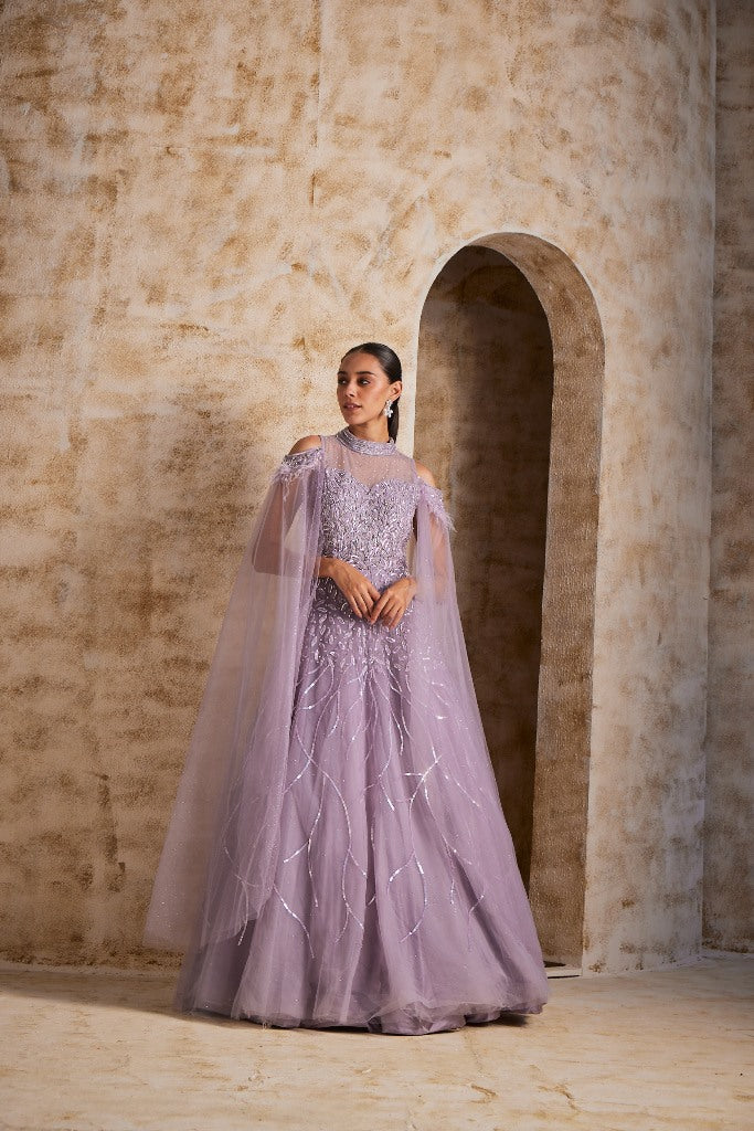 Neerus Lilac Color Nett Fabric Gown