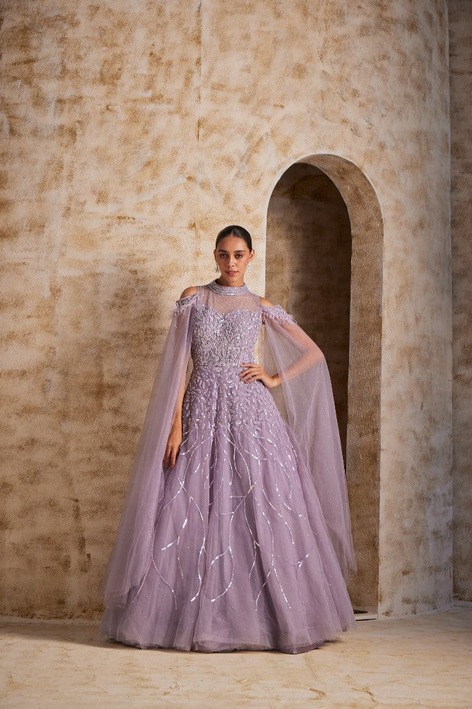 Neerus Lilac Color Nett Fabric Gown