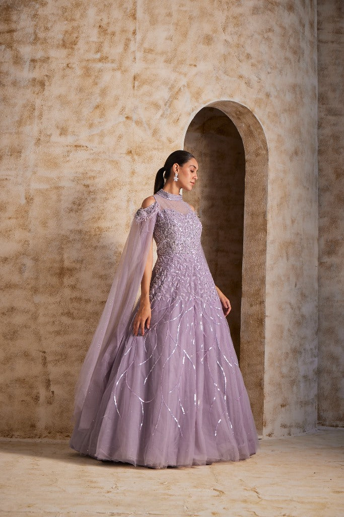 Neerus Lilac Color Nett Fabric Gown
