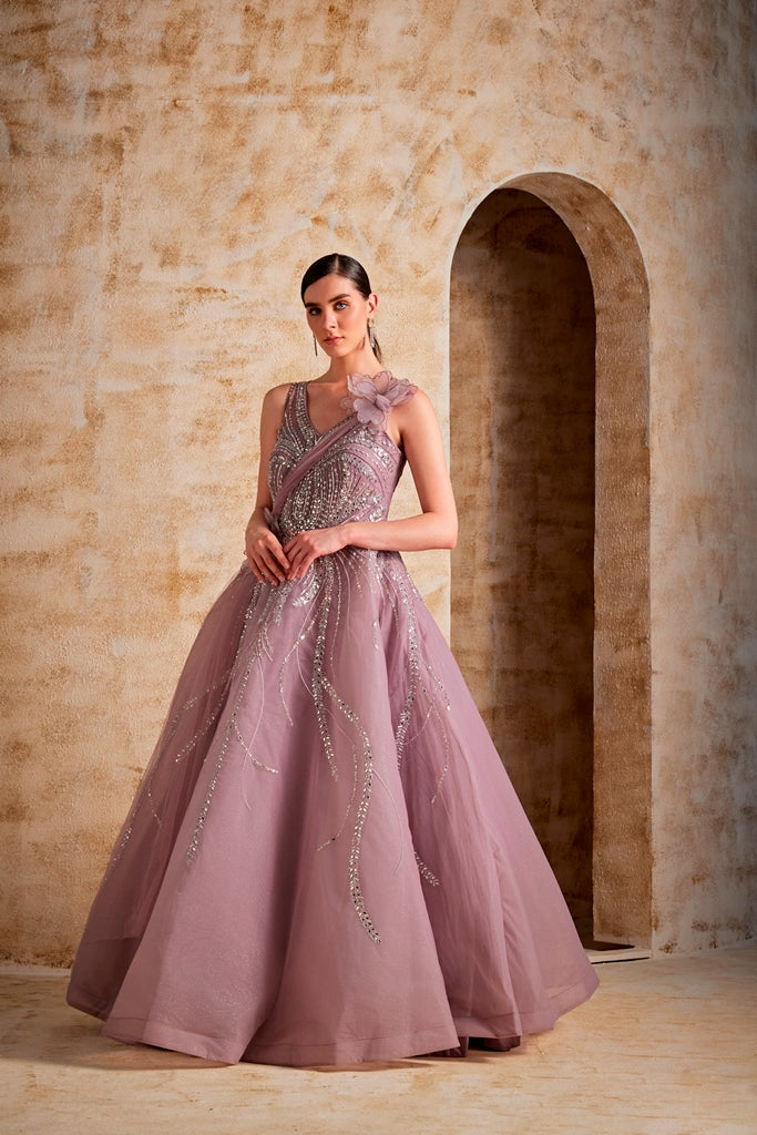 Neerus Women Onion Color Nett Fabric Gown