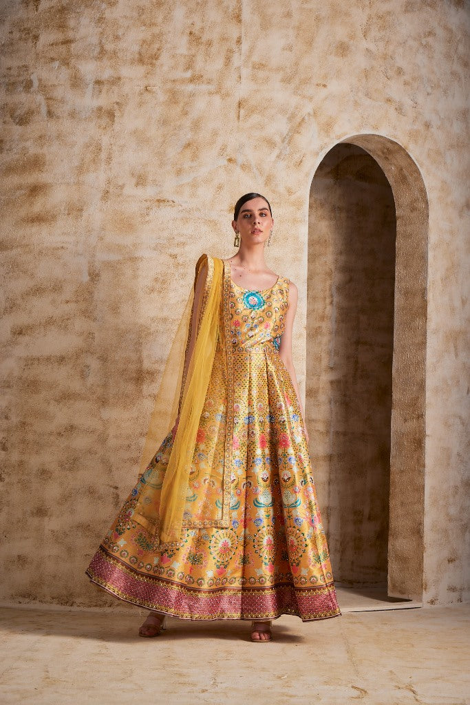 Neerus Yellow Color Silk Fabric Gown