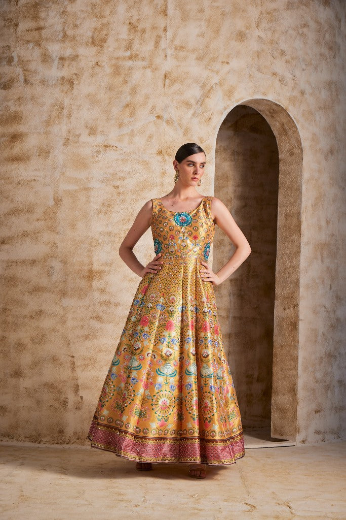 Neerus Yellow Color Silk Fabric Gown