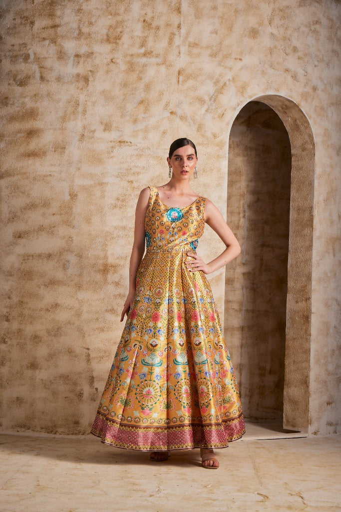 Neerus Yellow Color Silk Fabric Gown