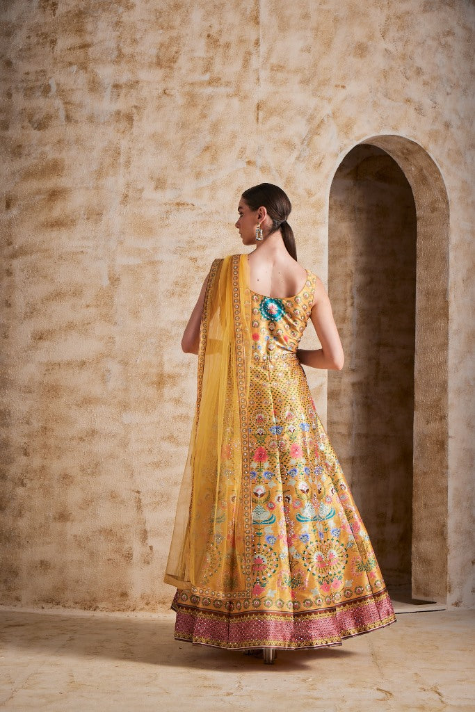 Neerus Yellow Color Silk Fabric Gown
