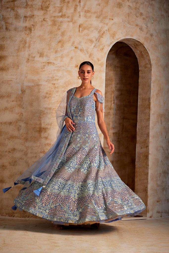 Neerus Lilac Color Nett Fabric Gown