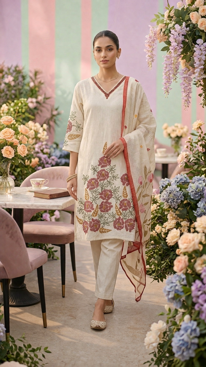 Neerus White cotton thread embroidered suit set - back view
