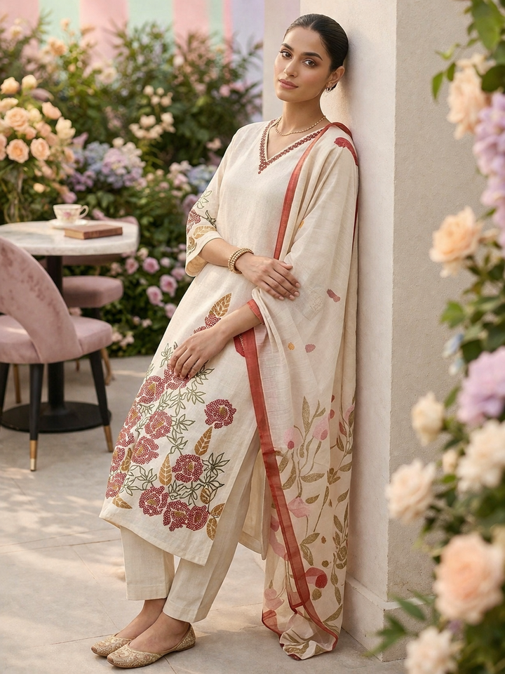 Neerus White cotton thread embroidered suit set - front view